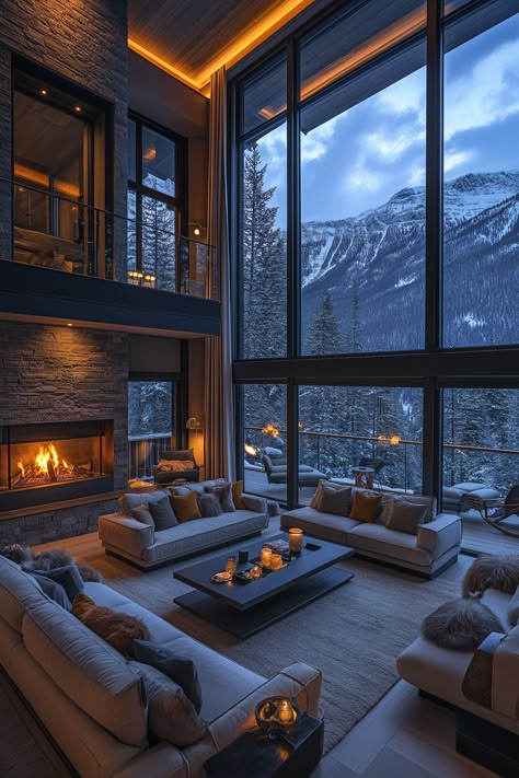 🌲✨ Discover the ultimate cozy retreat! This modern mansion, nestled in the mountains, boasts stunning large glass windows that frame breathtaking views of the serene forest and majestic snowy peaks. ❄️🏔️ As night falls, gather around the fireplace for a warm, inviting glow. Perfect for those winter nights! 🔥🏡 #MountainMansion #CozyHome #InteriorDesign #WinterVibes... Cabin Interior Design, Cabin Living Room, Cabin Living, Gorgeous Bathroom, Small Cabin, Window View, Rustic Living, Rustic Cabin, Cozy Cabin