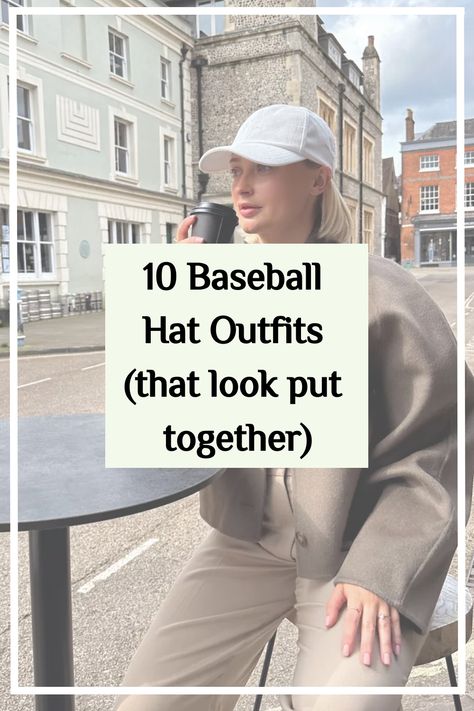 Tan Hat Outfit Winter, Navy Baseball Hat Outfit, Joggers And Hat Outfit, Baseball Cap Blazer Outfit, Comfy Hat Outfits, Casual Outfit With Hats For Women, Outfit Ideas With Baseball Cap, Tan Baseball Cap Outfit Women, Fall Outfits With Baseball Hats