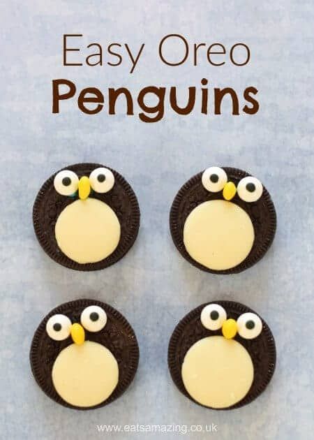 Quick and easy oreo penguins recipe - a fun snack treat or dessert topper for winter puddings - fun food for kids from Eats Amazing UK Winter Treats For Kids School, Easy Winter Snacks For Kids, Penguin Snacks For Preschool, Penguin Treats For Kids, Winter Baking For Kids, Penguin Snacks For Kids, Winter Food Crafts For Kids, Winter Treats For Kids, Preschool Christmas Snacks