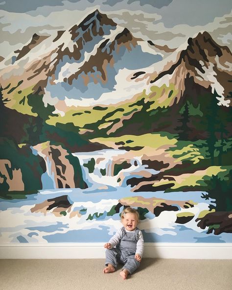 Happiest in the mountains, just like her mummy 💚🏔 Man Cave Wall Mural Ideas, Mountain Mural Paint Colors, Waterfall Mural, River Mural, Nature Murals, Playroom Mural, Landscape Mural, Mountain Mural, Mountain Quilts