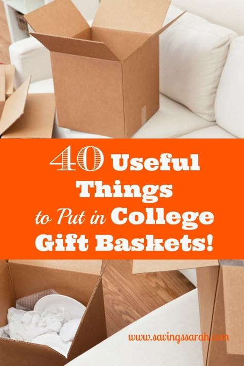 Want to be a hero to a student heading off to college or returning for a new year? Fill a gift basket from among these 40 useful and not expensive items and watch a college student's eyes light up when you give it to him or her. College Basket, College Gift Baskets, College Student Style, Graduation Gift Basket, College Survival, Going To College, Care Package Ideas, College Care Package, College Ideas