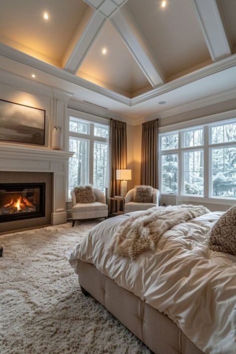 Suburban House Interior Master Bedrooms, Fireplace In Master Bed, Suburban Bedroom, Dream Rooms For Adults, Bedroom Fireplace Ideas, Adult Bedroom Ideas, Bedroom With Fireplace, Master Suite Ideas, Fireplace Bedroom