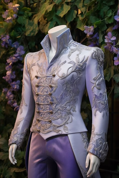 Wisteria inspired suit Light Blue Fantasy Outfit Male, Fairy Wedding Suit, Formal Fantasy Outfits Male, Fantasy Formal Wear Male, Mens Fantasy Fashion, Fantasy Suits Male, Fantasy Suit, Knight Outfit, Prince Clothes