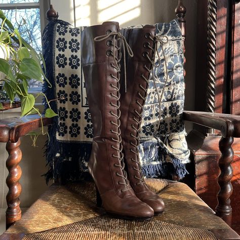 Vintage 2000s tall lace up leather boots by Nine... - Depop Vintage Lace Up Boots Outfit, 60s Lace Up Boots, Thigh High Lace Up Boots, Tall Lace Up Boots Outfit, Vintage Thrift Finds, Brown Boots Aesthetic, Brown Lace Up Boots Outfit, Leather Boots Aesthetic, 90s Boots Outfits