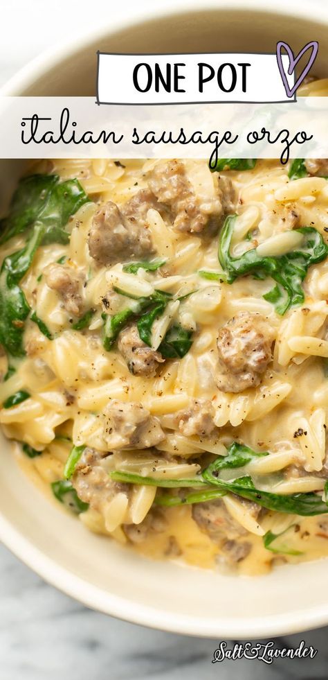 a bowl of pasta with text overlay that reads one pot italian sausage orzo Italian Sausage Orzo, Sausage Orzo, One Pot Orzo, Sausage And Spinach, Orzo Recipe, Italian Sausage Recipes, Orzo Recipes, Pasta Dinner Recipes, Sausage Recipes