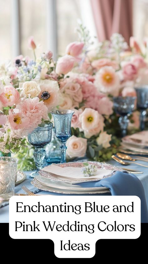 Blue and pink wedding table decor featuring soft florals and elegant details for a romantic celebration. Pink And Teal Wedding Theme, Blue And Pink Table Setting, Pink Blue Wedding Theme, Blue And Pink Wedding Flowers, Blue And Pink Wedding Colors, Wedding Tablecloth Ideas, Blue And Pink Wedding Theme, Pink And Blue Wedding Theme, Dreamy Wedding Theme