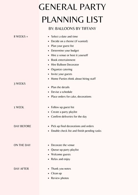 Does planning a party overwhelm you? Trust me you are not the only one I have created a general guide to planning a party and of course do not forget your balloon decor! How To Plan Party, Party Planning Business Ideas, How To Plan Your Birthday Party, Party Checklist Birthday Event Planning, Becoming A Party Planner, 60th Birthday Party Planning Checklist, Planning Birthday Party, 18th Bday Party Activities, Places To Have Birthday Parties