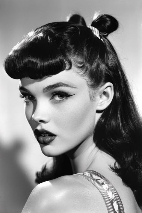 Bring Back Vintage Glam With These 1950s Hairstyles Vintage Bangs, Betty Bangs, Bettie Bangs, 1950s Hairstyles, 50s Hairstyles, Portrait References, Face References, Bettie Page, Face Reference