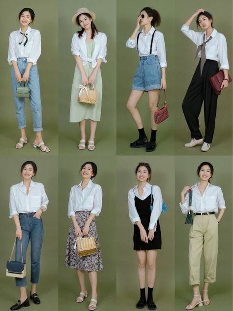 Mode Ulzzang, White Shirt Outfits, Korean Outfit Street Styles, Korean Casual Outfits, Korean Girl Fashion, Kpop Fashion Outfits, Inspired Outfits, Look Vintage, Fashion Design Clothes