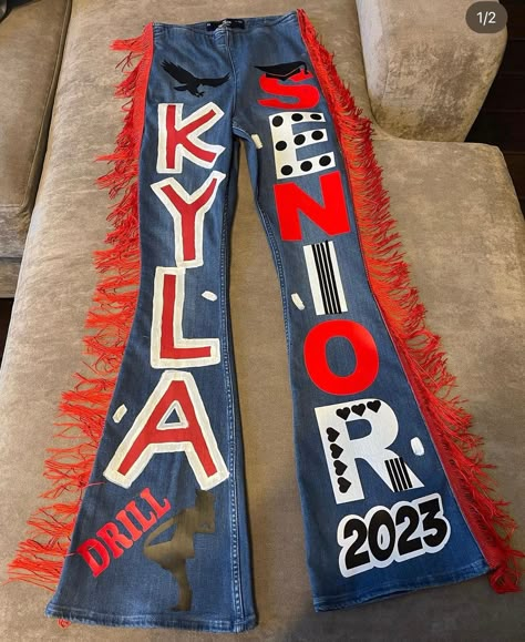 Senior Jean Jacket Painted, Spirit Jeans Homecoming Ideas, Trendy Fringed Jeans For Fall, Trendy Fringe Jeans For Fall, Spirit Overalls Diy High Schools, Fringe Jeans Outfit, Overall Homecoming Ideas, Homecoming Overalls Ideas, Homecoming Jeans Decorated