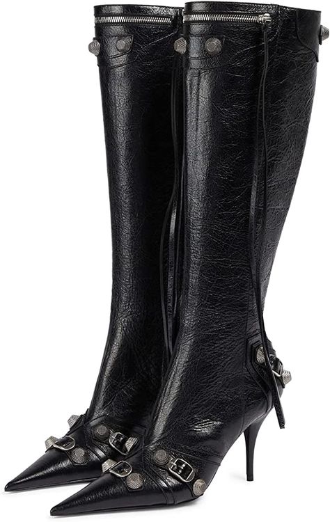 Black Balenciaga, Pointy Heels, Punk Boots, High Heel Boots Knee, Womens Stilettos, Studded Boots, Stiletto Boots, Knee High Leather Boots, Black Boots Women