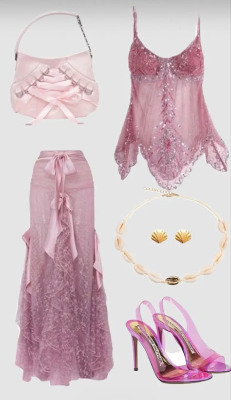 Pink Mermaidcore Outfits, Pink Mermaid Core Outfit, Gemini Venus Aesthetic Outfit, Pink Mermaid Aesthetic Outfit, Pink Mermaid Outfit, Y2k Glitter Outfit, Aphrodite Aesthetic Outfit Modern, Lovergirl Aesthetic Outfits, Different Aesthetics Fashion List