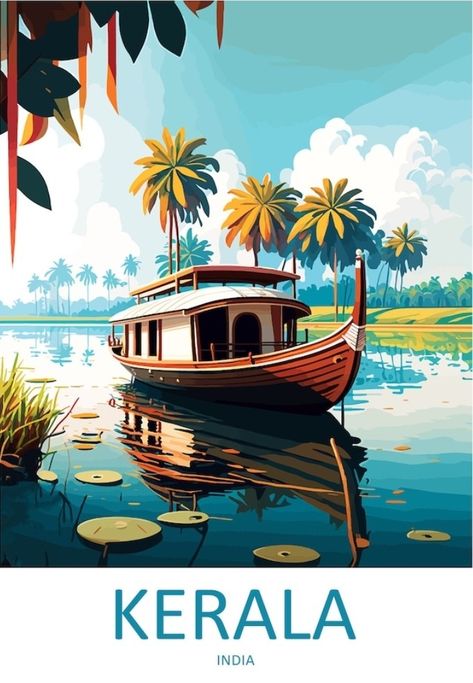 Indian Cities Illustration, India Travel Posters, Indian Tourism Poster, Travel And Tourism Poster Design, Kerala Illustration, Visual Elements Of Art, Exterior Murals, India Poster, Travel Advertising