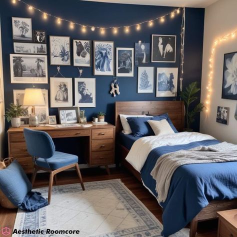 Navy Blue Aesthetic Room Decor #navyblueroom #navybluedecor #navybluebedroom #aestheticroom #aestheticbedroom #bedroominspo #bedroomdesign #tumblrroom #youthroom #roomtour Navy Blue Cozy Bedroom, Blue Decor For Bedroom, Blue Decor Aesthetic, Navy Room Bedroom, Bedroom Aesthetic Cozy Blue, Blue Room Asthetics, Blue Rooms Aesthetic, Room Inspo Navy Blue, Room Inspo Aesthetic Blue