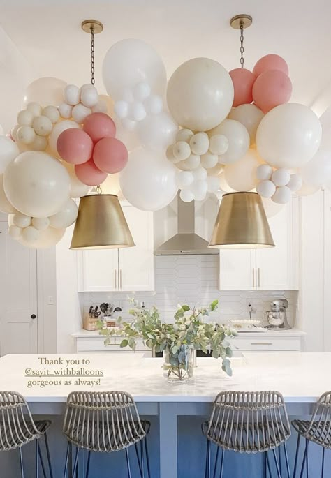 Balloon Arch Hanging From Ceiling, Brunch Balloon Decor, Kitchen Island Balloon Garland, Balloons On Light Fixture, Balloon Arch Over Kitchen Island, Kitchen Balloon Garland, Balloon Arch On Fireplace Mantle, Classy Balloon Garland, Brunch Balloon Garland