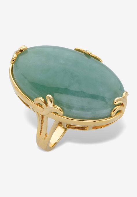 This head turner marries bold contemporary styling with the elegance of classic green jade for a look that dazzles with elegant beauty. Featuring a large oval cabochon of genuine green jade, you'll cherish this gorgeous cocktail ring. Includes gift box and drawstring pouch 18k gold-platedMain Stone: 1 Oval Cabachon Cut Genuine Green Jade, 30 mm x 20 mmDimensions: 22 mm wide x 30 mm long x 12 mm highSizes 6-10Includes gift box and drawstring pouch | Women's Yellow Gold Plated Genuine Green Jade O Elegant Beauty, Mother Jewelry, Cabochon Ring, I Love Jewelry, Drawstring Pouch, Green Jade, Oval Cabochon, Jade Green, Cocktail Ring