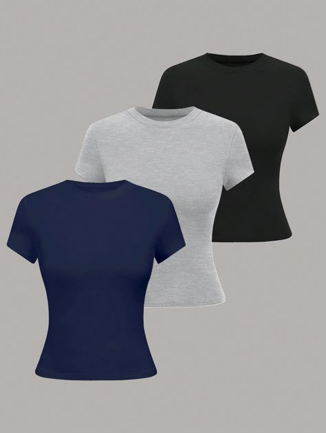 SHEIN LUNE Women's Round Neck Short Sleeve Solid Color Casual Simple Fitted BlouseI discovered amazing products on SHEIN.com, come check them out! Elegant Woman, Tshirt Colors, Casual Shirts, Color Mixing, Shoe Jewelry, Solid Color, Women Jewelry, T-shirt, Top Outfits