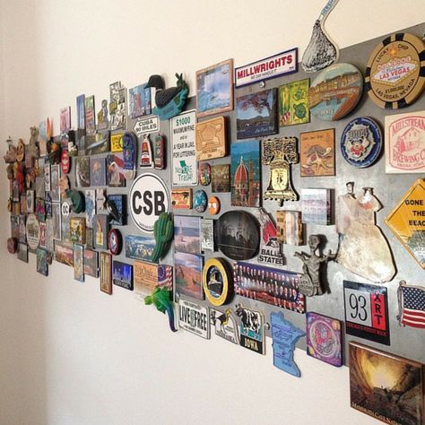 Magnet collection - 5 Ways to Keep Your Collection From Looking Like Clutter | Decorating and Design Blog | HGTV Magnet Display, Travel Magnets, Souvenir Display, Travel Room, Travel Wall Decor, Magnet Board, Travel Keepsakes, Collection Display, Decoration Tips