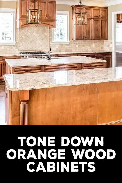 How to Tone down Orange Wood Cabinets Kitchen Wood Cabinets Ideas, Mixed Wood And Paint Kitchen Cabinets, Kitchen Backsplash Ideas With Knotty Pine Cabinets, Two Wood Tone Kitchen Cabinets, Orangey Wood Kitchen Cabinets, How To Take Orange Out Of Oak Cabinets, Paint Colors For Orange Toned Wood, Oak Cabinet Kitchen Backsplash, Strip Oak Cabinets