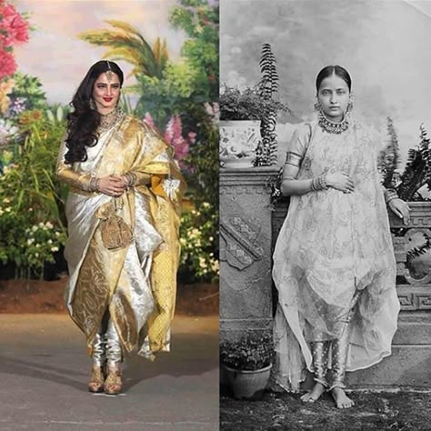 Seen in the pictures is a #Chaugoshiya form of draping a saree which is over 150 years old. It comprises of Chau or four garments - a choli (tight blouse), a Kurti (loose tunic) a tight pajama (pants) and a five meter khada dupatta that is draped in a special way. This style is native to the women of Nizams of #Hyderabad. On the left: Actress #rekha On the right: Queen of HRH Nizam VII, Hyderabad (19th century) Source: @lampglow 19th Century Fashion Women, Pant Sari, Sari Pose, Moonwalk Dance, Rekha Saree, Rekha Actress, India History, Indian Photos, Bollywood Retro