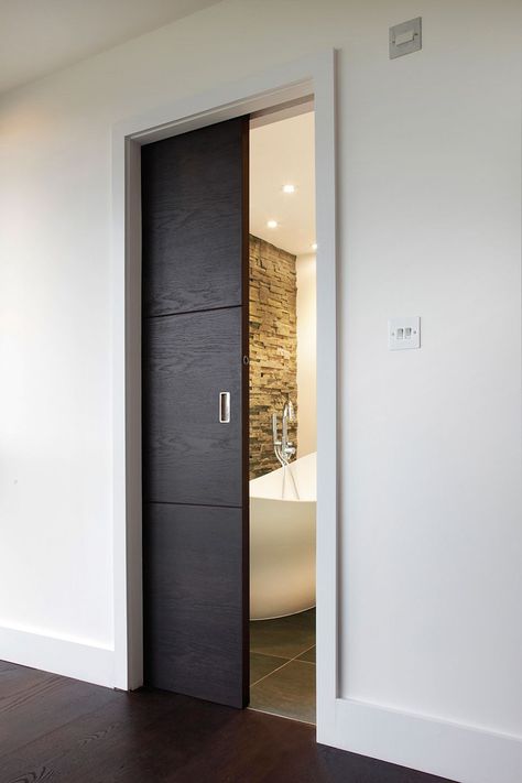 Sliding door - Bespoke doors Pocket Doors Bathroom, Bathroom Sliding Door, Bathroom Door Ideas, Sliding Bathroom Doors, Pintu Interior, Internal Sliding Doors, Bilik Air, Modern Sliding Doors, Desain Pantry