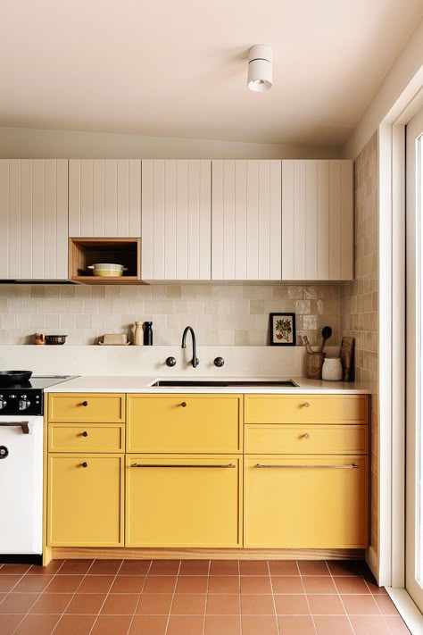 Yellow Bathroom, Yellow Tile, Victorian Cottage, Business Furniture, White Cabinetry, Yellow Kitchen, Powder Bath, Bathroom Tiles, Design Del Prodotto