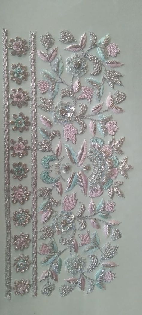 embroidery ideas Floral Zardosi Embroidery, Hand Zari Embroidery Designs, Embroidery Khakha Designs, Khakha Designs Embroidery Patterns, Trending Embroidery Designs, Embroidery On Printed Suits, Belause Degine, Embroidery Patterns Clothes, Zari Work Embroidery Design Suits