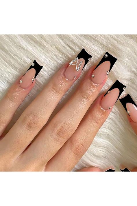 French Tip Press on Nails Long Square Fake Nails Butterfly Rhinestone Nail Charms Full Cover Coffin Stick on Nails Long Glue on Nails Glossy Design Acrylic False Nails for Women Manicure Decor 24Pcs Nails Long Square, Nails Butterfly, French Tip Press On Nails, Press On Nails Long, Black French Tips, Butterfly Rhinestone, Nails Glossy, Long Press On Nails, Fashion Accessories Illustration