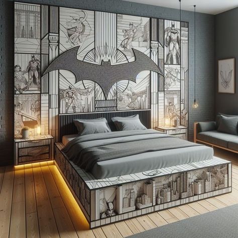 Batman Bedroom Ideas Boys, Comic Themed Room, Batcave Room, Dc Bedroom, Batman Room Decor, Gotham Asylum, Batman Bed, Batman Bedroom, Anime Bedroom Ideas