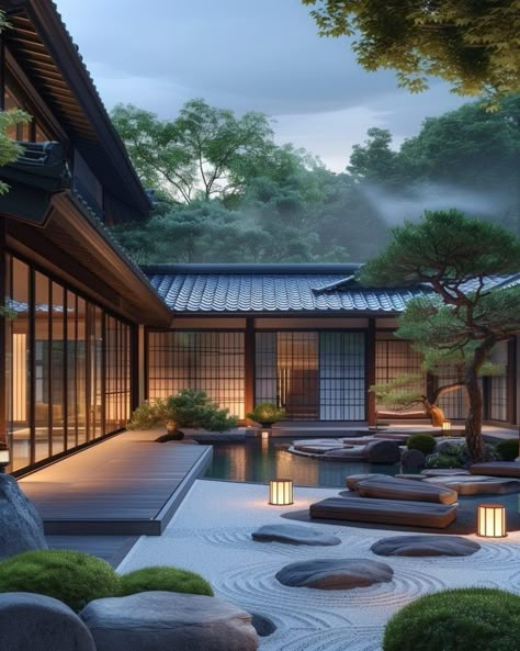 Japanese Style House Exterior, Japanese Style Homes, Japanese Modern Architecture, Luxury Japanese House, Japanese Zen House, Modern Japanese House Exterior, Zen Courtyard, Japanese Patio, Japanese House Exterior