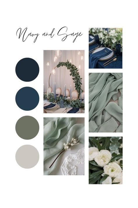 Navy and sage wedding table decor with greenery and gold accents. Navy Sage And Champagne Wedding, Navy Sage And Cream Wedding, Sage Green Navy Wedding Theme, Wedding Grey Color Schemes, Wedding Color Schemes For January, Sage Green And Powder Blue Wedding, Sage Green And Blue Wedding Colors, Winter Sage Green Wedding, Dusty Blue Wedding Scheme