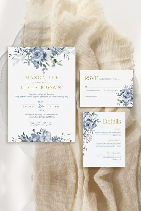 This is 3 pieces dusty blue boho wedding invitation set. Features elegant blue floral design with gold beautiful fonts. The template is a fully editable template. Perfect match to floral bridal shower or Elegant floral Wedding theme. The template is an instant digital download and printable at your home or online/local printing store Dusty Blue Boho Wedding, Blue Boho Wedding, Boho Wedding Invite, Floral Wedding Theme, Dusty Blue Wedding Invitation, Engagement Invitation Cards, Elegant Floral Wedding, Blue Floral Wedding, Wedding Decor Diy