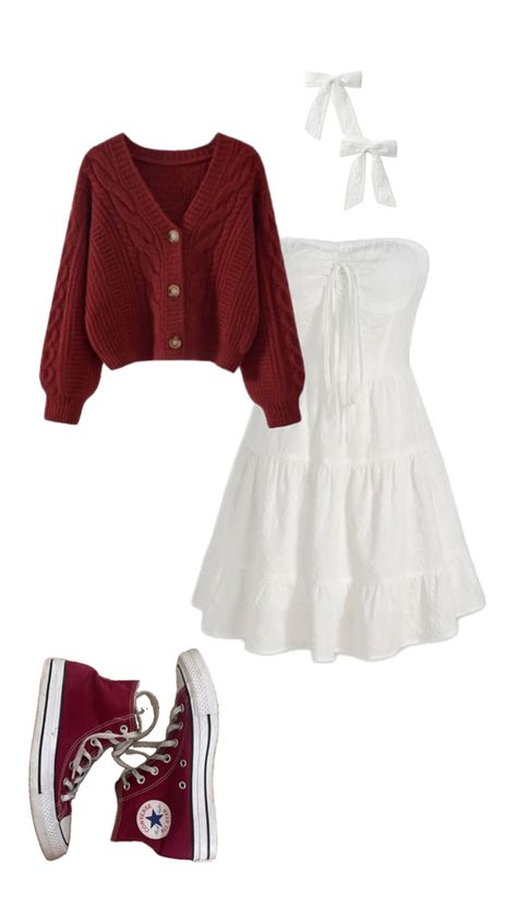 white dress w cardigan and converse Stripped Dresses Outfits, Outfits With Red Sweaters, Red White Christmas Outfit, Christmas Matching Outfits Best Friends, White And Red Christmas Outfit, Christmas Outfit Red And White, White Red Outfit Aesthetic, White And Red Outfit Ideas, Christmas Aesthetic Outfit Dress