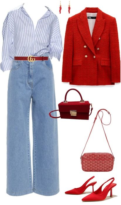 White And Red Shirt Outfit, Red And Maroon Outfit, Outfits With Red Blazer, Strip Top Outfit, Outfit With Red Shirt, Emily Gilmore Outfits, Red Tweed Jacket Outfit, Classy Colorful Outfits, Bright Winter Color Palette Outfits