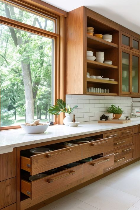 15 Mid-Century Modern Kitchen Remodel Tips – Everyday Inspo Mid Century French Decor, Midcentury Kitchen Ideas, Midcentury Modern Kitchen Cabinets, Modern Oak Kitchen Cabinets, Kitchen Midcentury Modern, Kitchen With Wooden Cabinets, Midcentury Kitchen Remodel, Japandi Mid Century Modern, Mid Century Kitchen Cabinets