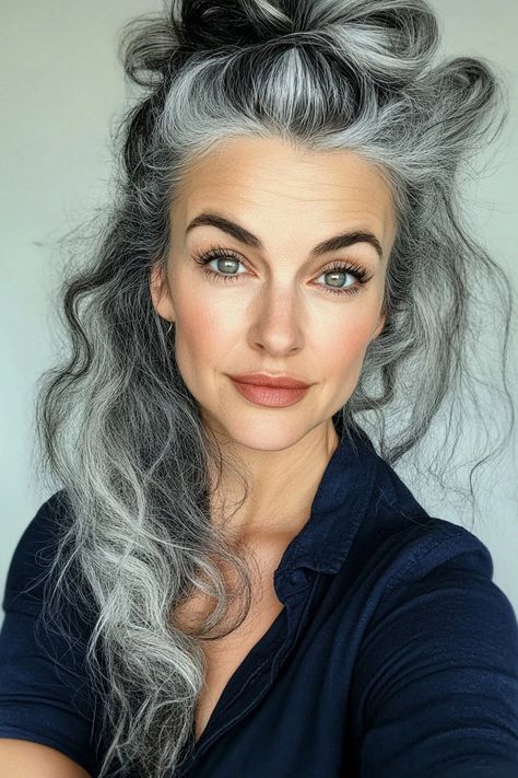 Grey Roots Hairstyles, Color Grey Hair Ideas, Best Color Clothing For Gray Hair, Long Curly Grey Hair Natural Curls, Silver Hair Brunette, Fashion Grey Hair, Silver Bob Hair, Gray Hair Wedding Hairstyles, Deep Winter Grey Hair