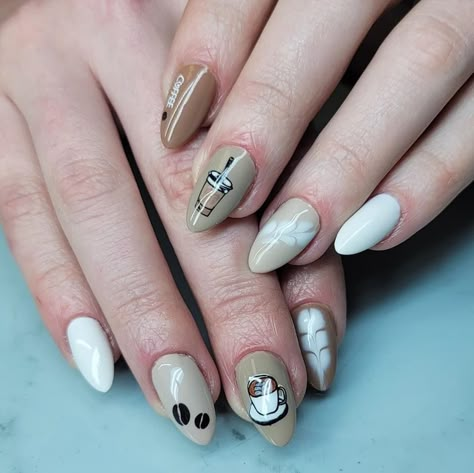 Coffee Cup Nail Art, Coffee Nails Designs Art Ideas, Coffee Themed Nails, Coffe Nail Ideas, Iced Coffee Nails, Latte Art Nails, Coffee Inspired Nails, Latte Nail Art, Coffee Nails Designs