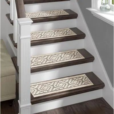 Grey 9 in. x 28 in. Stair Treads Polypropylene, Carpet Stair Tread Cover (Set of 13) White Aura Farmhouse Stairs, Stair Tread Covers, Gray Stairs, Carpet Treads, White Stairs, Carpet Stair Treads, Stair Mats, Stair Tread Rugs, Wooden Steps