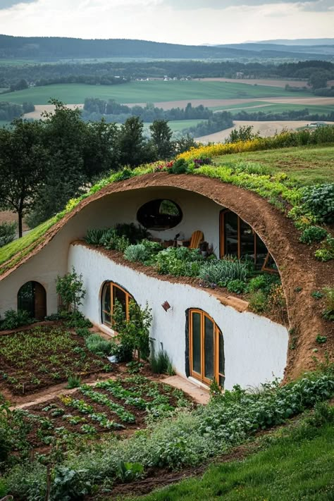 Discover stunning exterior ideas for earth sheltered homes that seamlessly blend with nature while keeping your house stylish and energy-efficient. Cob House Outside, Earth Pod House, Diy Earthship Home, Community House Design, Plant Covered Buildings, Houses That Blend In With Nature, Green House Green Roof, Earth House Plans, Natural Roof Ideas