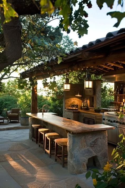 Outdoor Kitchen And Dining, Rustic Outdoor Kitchens, Outdoor Cooking Spaces, Modern Outdoor Kitchen, Industrial Home Design, Outdoor Kitchen Ideas, Backyard Kitchen, Village House Design, Rustic Outdoor