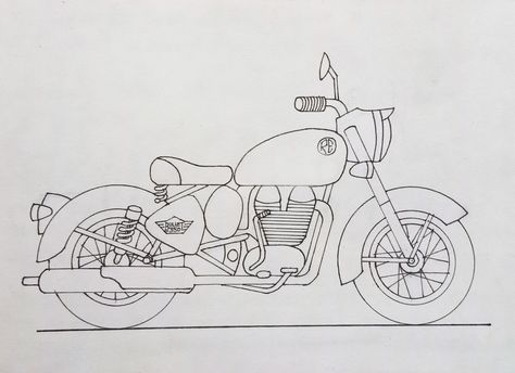 Royal Enfield Bike Drawing, Drawing Of A Motorcycle, Royal Enfield Pencil Sketch, Bike Sketch Simple, Royal Enfield Drawing Pencil, Royal Enfield Sketch Art, Motorcycle Simple Drawing, Bullet Drawing Royal Enfield Easy, Royal Enfield Drawing Sketches