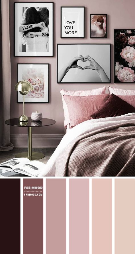 Create a romantic colour palette for your bedroom, think mauve and berry shades colours. As a sample in our bedroom palette below in shades... Romantic Bedroom Colors, Mauve Bedroom, Colors Bedroom, Beautiful Bedroom Colors, Bedroom Colour Palette, Bedroom Wall Colors, Bedroom Color, Bedroom Decor Design, Bedroom Color Schemes