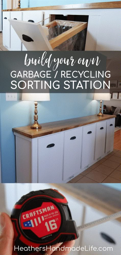 DIY Recycling Station with CRAFTSMAN® {Heather's Handmade Life }   #garbage #recycling #kitchen #organization #garbagebin #storage #kitchen #kitchenorganization #recyclingstorage #woodworking Recycling Organization, Recycle Station, Kitchen Recycling, Recycling Logo, Recycling Storage, Garbage Recycling, Recycling Station, Kitchen Furniture Storage, Diy Organizer