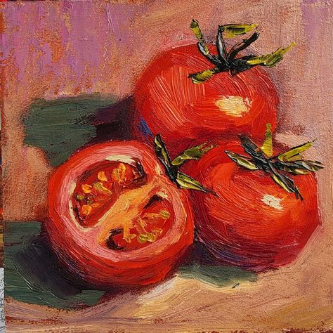 Three red tomatoes painting 🎀 I will make this painting to order. The artwork in the photo is already sold. Your artwork will be very similar in color and composition, but not exact. 💝The picture is with oil. Bright, lively picture will perfectly decorate the interior or will be a great gift for your home. Cute kitchen wall décor 🎀Ukrainian artist Tatiana Kolyada ABOUT THE PICTURE. 🎀The size of the painting is 15x15cm or 6x6 inches. 🎀Materials: hardboard, oil paints, palette knife, brush 🎀 Simple Food Paintings, Beginner Still Life Painting, Oil Painting Of Food, Orange Fruit Painting Acrylic, Bright Oil Paintings, Still Life Artwork, Food Painting Aesthetic, Tomato Oil Painting, Oil Paint Still Life