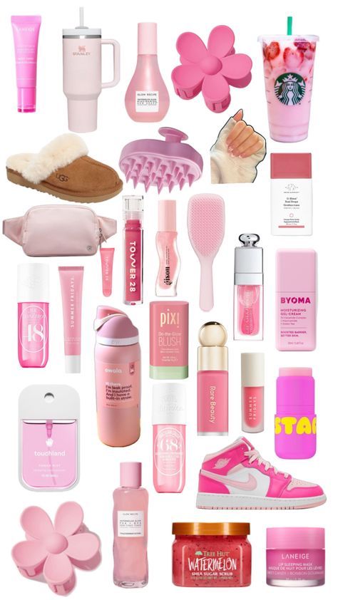 These are a bunch of preppy items but all in pink Preppy Party Favor Ideas, Cute Preppy Aesthetic, Loveshake Fancy, Preppy Sleepover, Pinkmas Wishlist, Preppy Items, Preppy Perfume, Preppy Gift Ideas, Pink Preppy Aesthetic