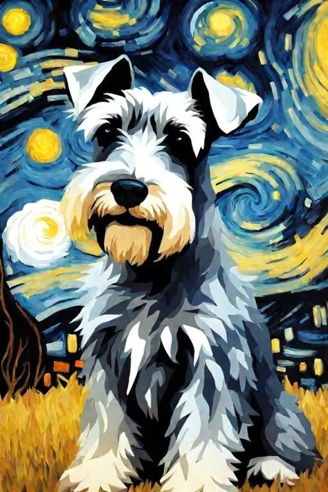 Vincent Van Gogh Starry Night, Schnauzer Grooming, Schnauzer Art, Night Beautiful, Color Tattoos, Schnauzer Dog, 강아지 그림, Schnauzer Dogs, Dog Projects