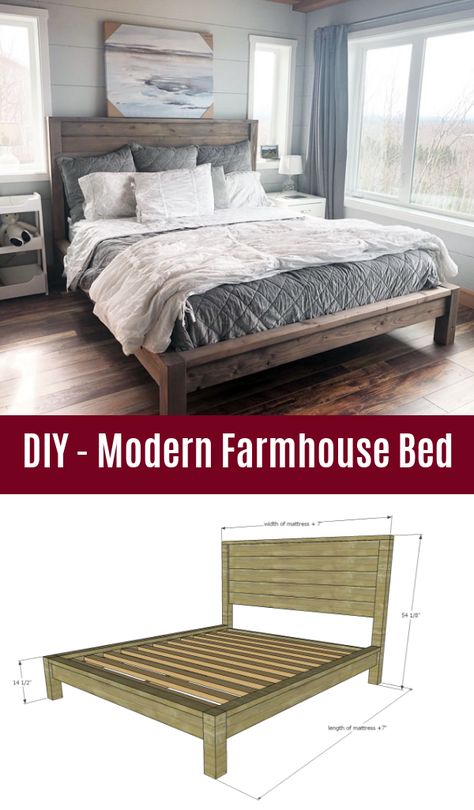 Modern Farmhouse Bed, Diy Seng, Bedframe Diy, Diy King Bed, Diy Farmhouse Bed, Modern Farmhouse Bedding, Farmhouse Bed Frame, Nightstand Plans, Farmhouse Style Bedding