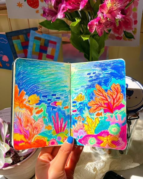 rachel yumi 유미 chung | i’ve been thinking of drawing a coral reef scene in my sketchbook for awhile now so this was a lot of fun to finally create! ✏️ the day i… | Instagram Oil Pastel Coral Reef, How To Draw Water On Paper, Art Drawings Watercolor Ideas, Coral Reef Reference, Drawing Coral Reef, Coral Reefs Art, Coral Art Drawing, Ocean Coral Drawing, How To Draw Coral