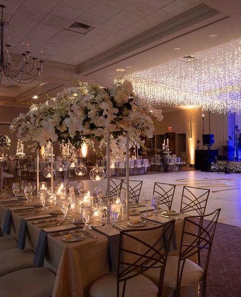 This is why we do what we do! Turning ballrooms into a beautiful space for you and your guests to enjoy.  Everything about Jessie & Max's wedding was so perfect. The trailing lights over the dance floor twinkled all night creating the most romantic vibe in the ballroom. Layers of candles and white flowers paired with custom linens, napkins and gold chairs bought this day to another level.    DECOR PHOTOGRAPHER - @gustavo_campos_photography Indoor Reception Lighting, Dance Floor Wedding Decor, Ballroom Wedding Inspiration, Ballroom Decor, Hotel Ballroom Wedding Receptions, Wedding Ballroom Decor, White And Gold Wedding Themes, Wedding Ceiling Decorations, Ballet Wedding