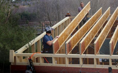 How to Frame an I-Joist Roof - Fine Homebuilding How To Build Trusses, I Joist Framing, Shed Roof Framing, Building A House Ideas, Flat Roof Construction, Flat Roof Systems, Timber Frame Garage, Roof Joist, Timber Frame Plans